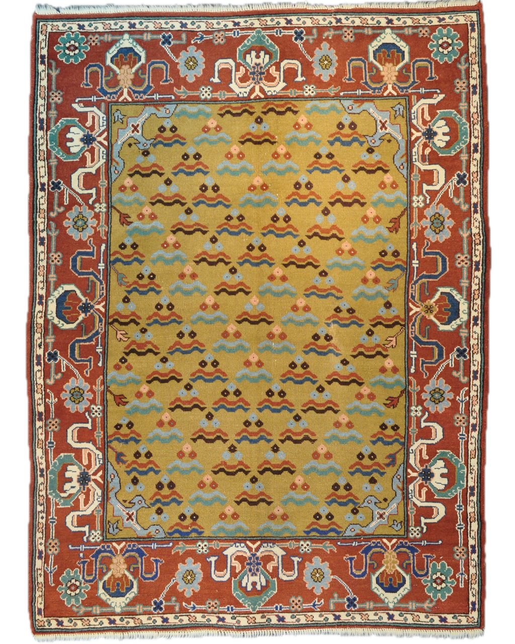 Tappeto Anatolia annodato a mano con campo avorio dorato e bordura decorativa nei toni del rosso terracotta e azzurro, misura 170x120 cm