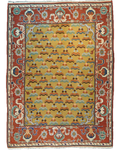Tappeto Anatolia annodato a mano con campo avorio dorato e bordura decorativa nei toni del rosso terracotta e azzurro, misura 170x120 cm