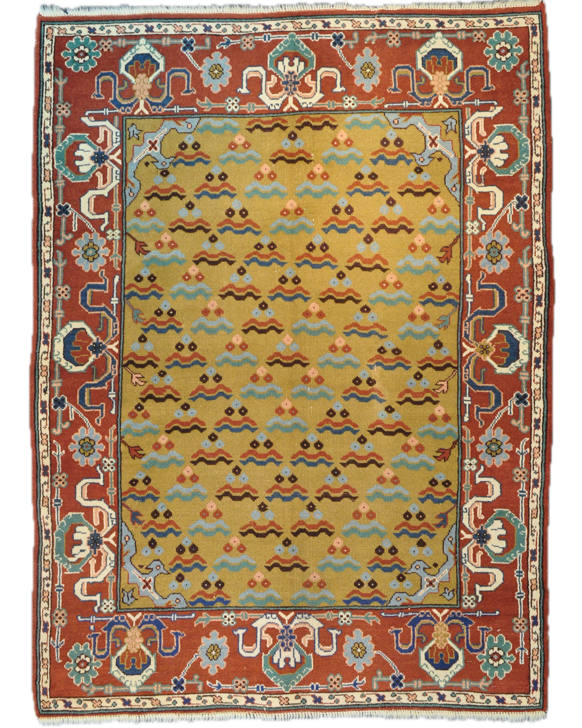 Tappeto Anatolia annodato a mano con campo avorio dorato e bordura decorativa nei toni del rosso terracotta e azzurro, misura 170x120 cm