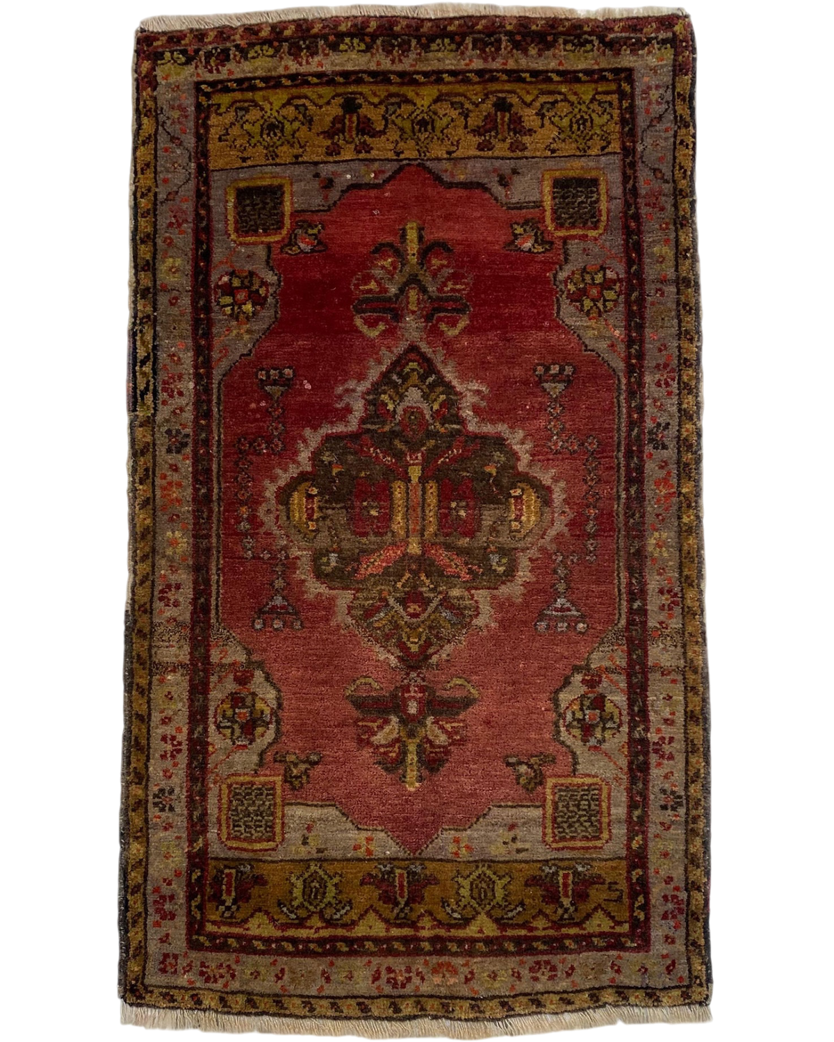 Tappeto Anatolia usato 105x60 cm con campo rosso e motivi geometrici tradizionali