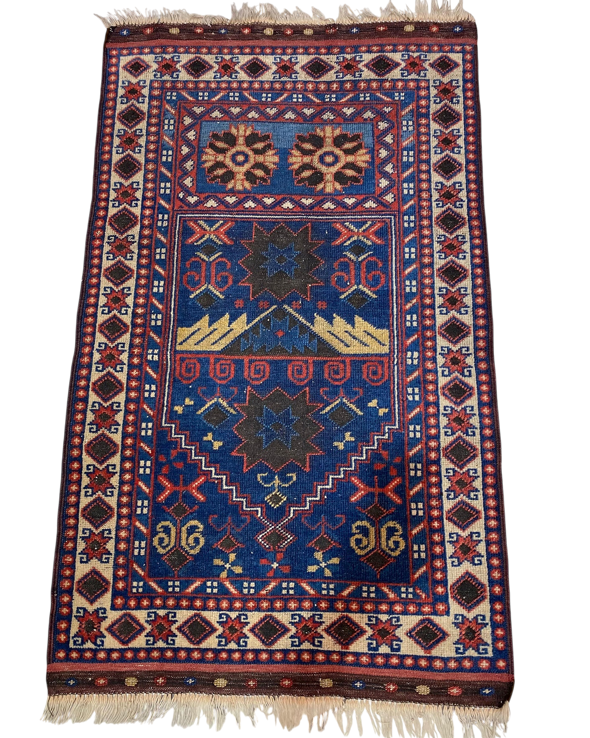 Tappeto Anatolia usato 120x74 cm in lana con fondo blu e motivi geometrici tradizionali