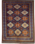 Tappeto Anatolia usato 286x205 cm con motivi geometrici su fondo blu e dettagli rosso mattone e avorio