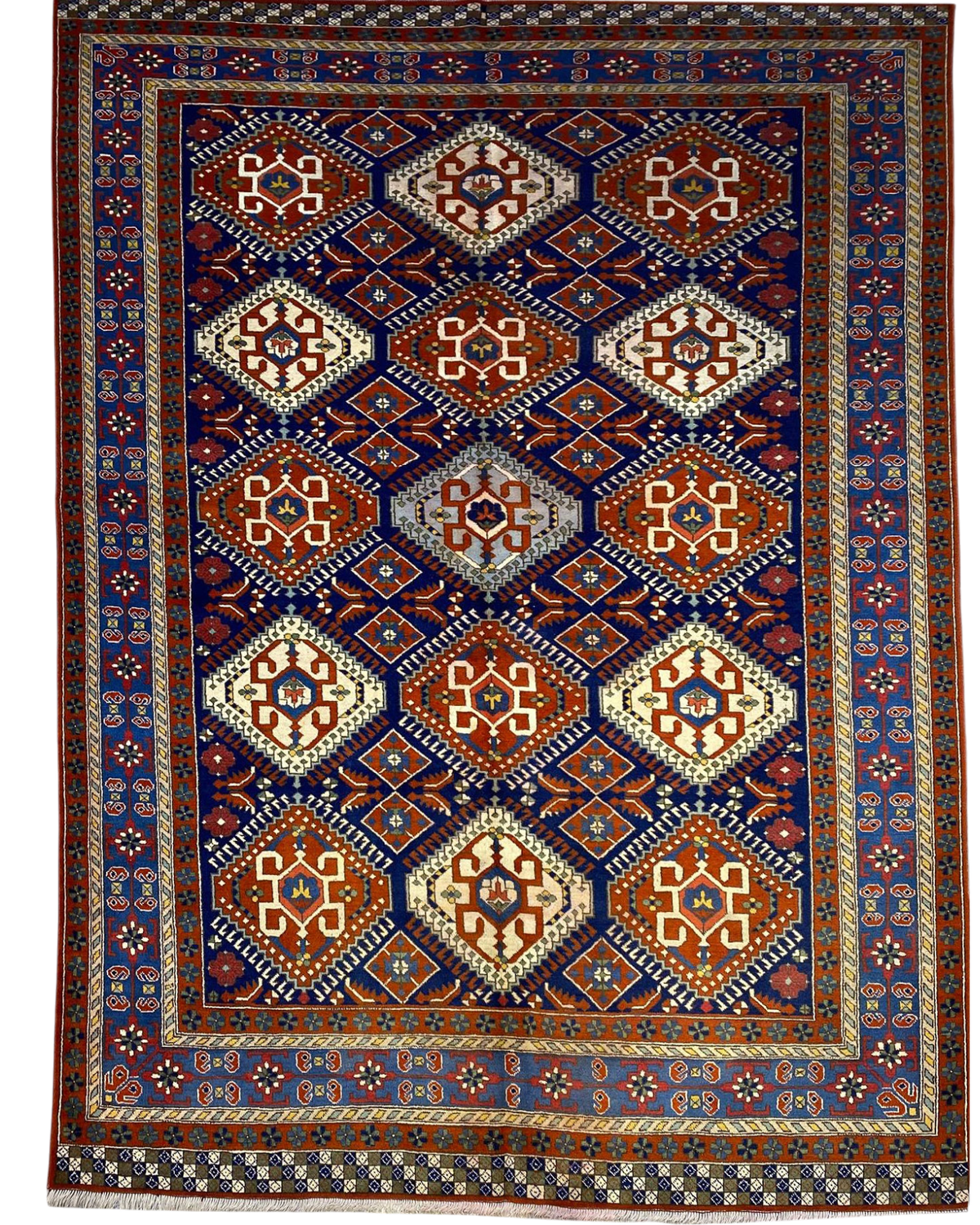 Tappeto Anatolia usato 286x205 cm con motivi geometrici su fondo blu e dettagli rosso mattone e avorio