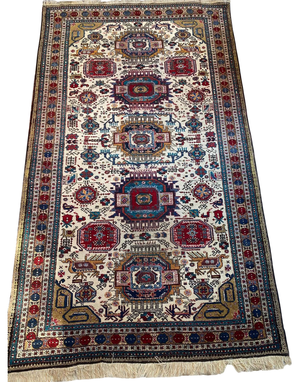 Tappeto Ardebil usato 272x162 cm annodato a mano con fondo avorio e medaglioni geometrici policromi