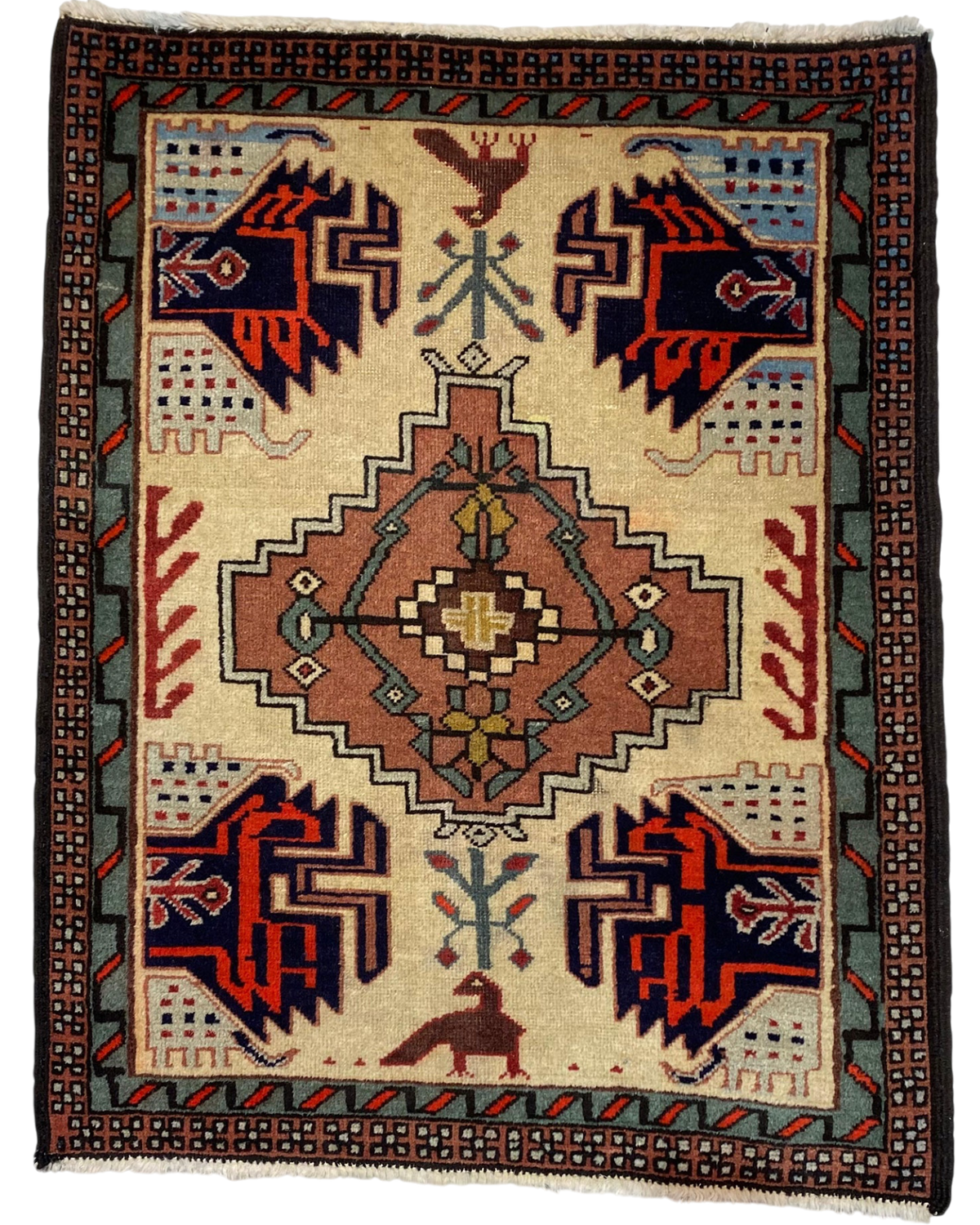 Tappeto persiano Ardebil usato 93x70 cm con disegno geometrico e figurativo