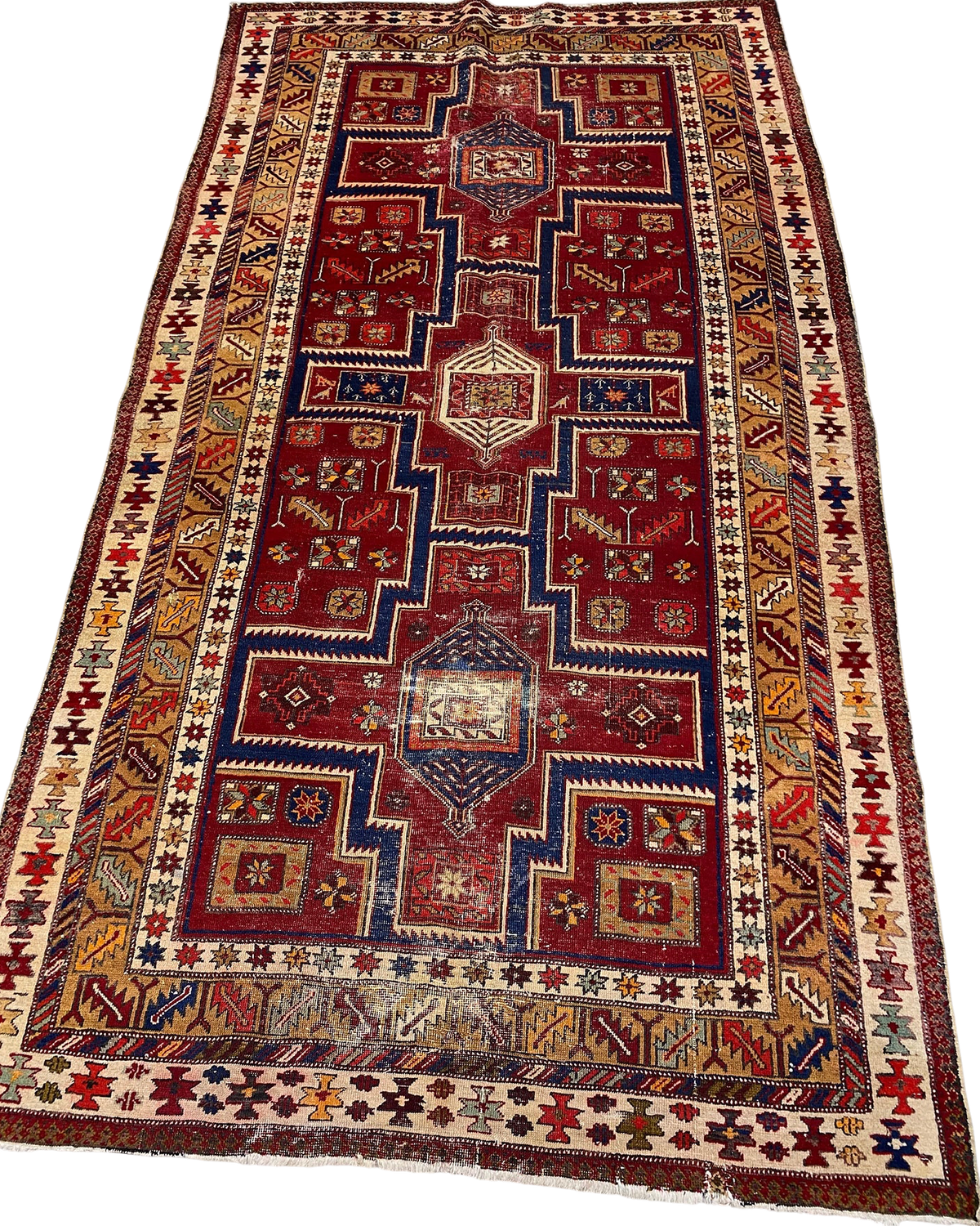Tappeto Azero caucasico usato 245x135 cm in lana con medaglioni geometrici su fondo rosso