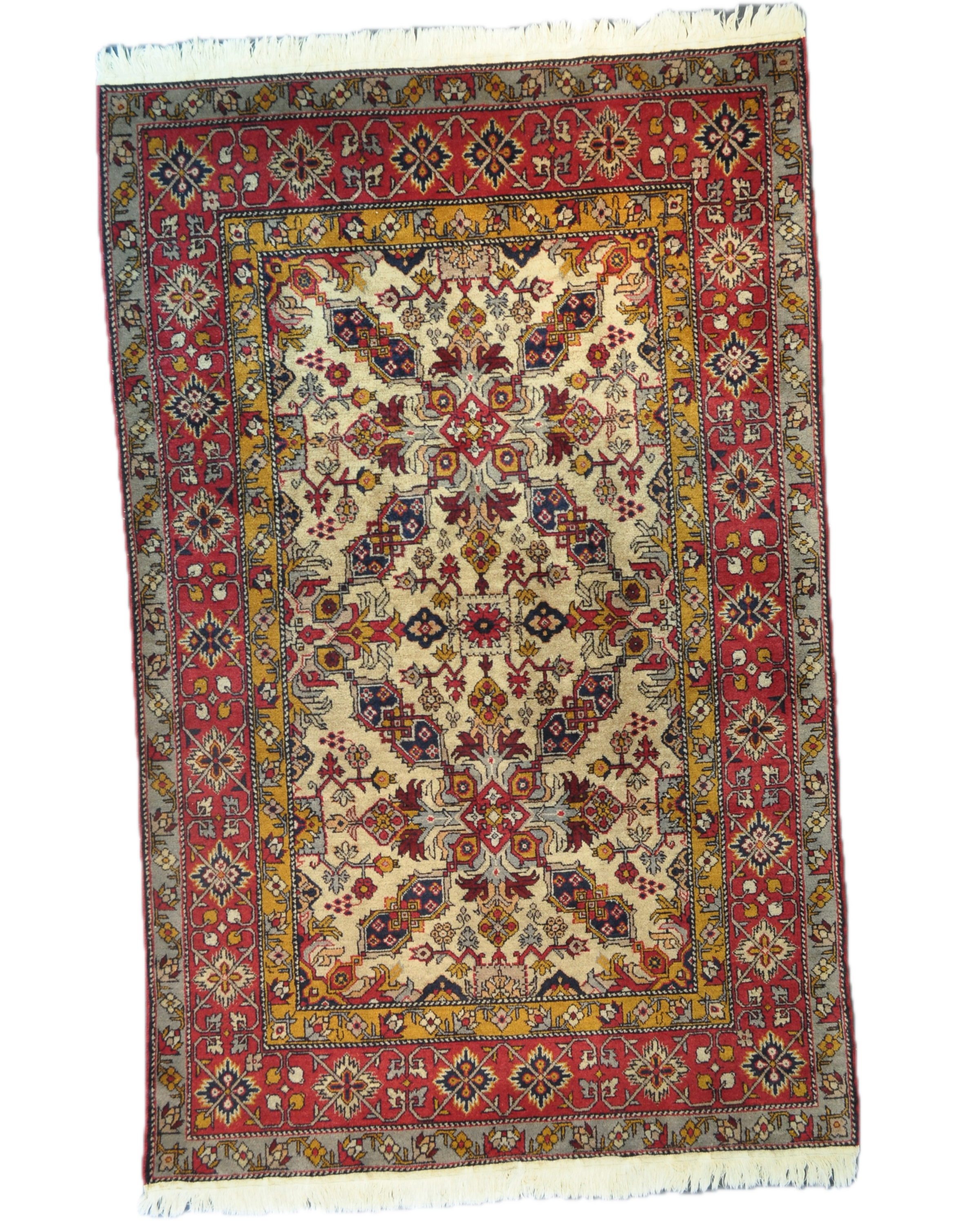 Tappeto Azero annodato a mano 205x135 cm con motivi geometrici caucasici su fondo avorio e bordure rosse decorative