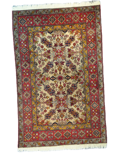 Tappeto Azero annodato a mano 205x135 cm con motivi geometrici caucasici su fondo avorio e bordure rosse decorative