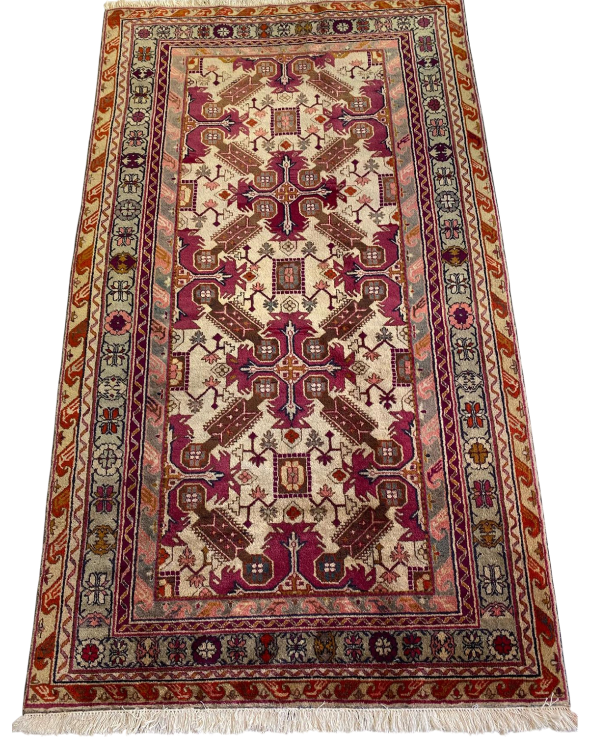 Tappeto Azero usato 200x130 cm con disegno geometrico floreale su fondo beige