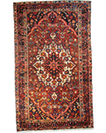 Tappeto persiano Bakhtiari annodato a mano con medaglione geometrico centrale su fondo rosso, misura 255x155 cm