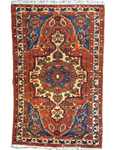 Tappeto Bakhtiari persiano annodato a mano con medaglione centrale e colori rosso, blu e avorio, misura 215x130 cm