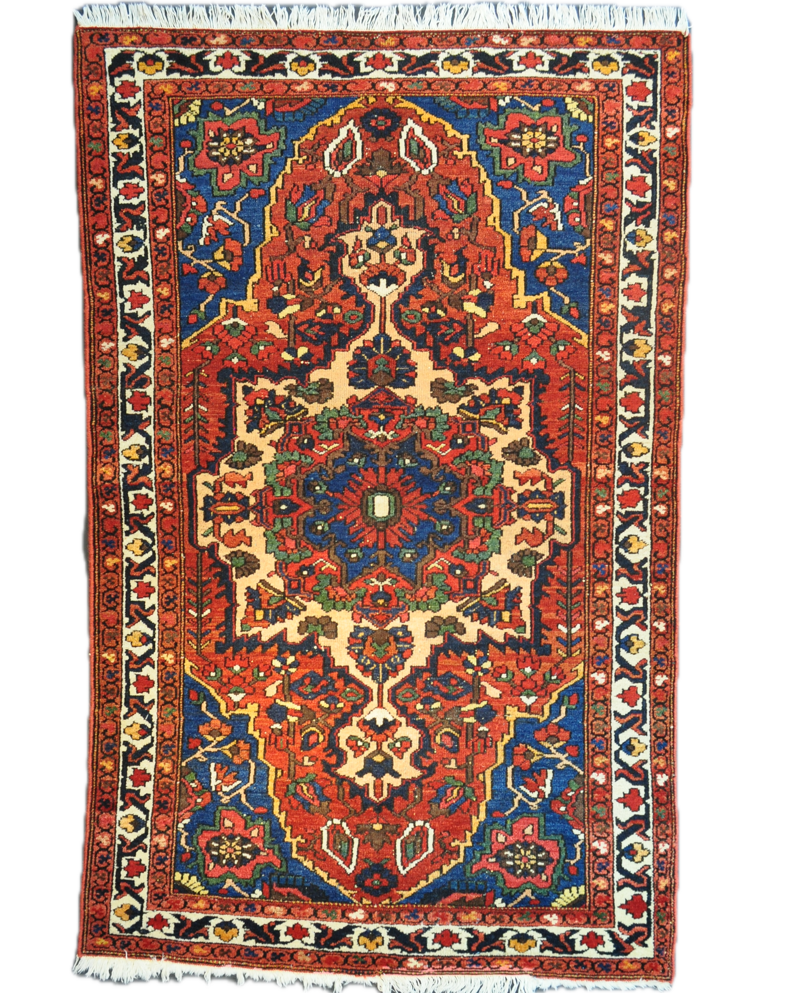 Tappeto Bakhtiari persiano annodato a mano con medaglione centrale e colori rosso, blu e avorio, misura 215x130 cm