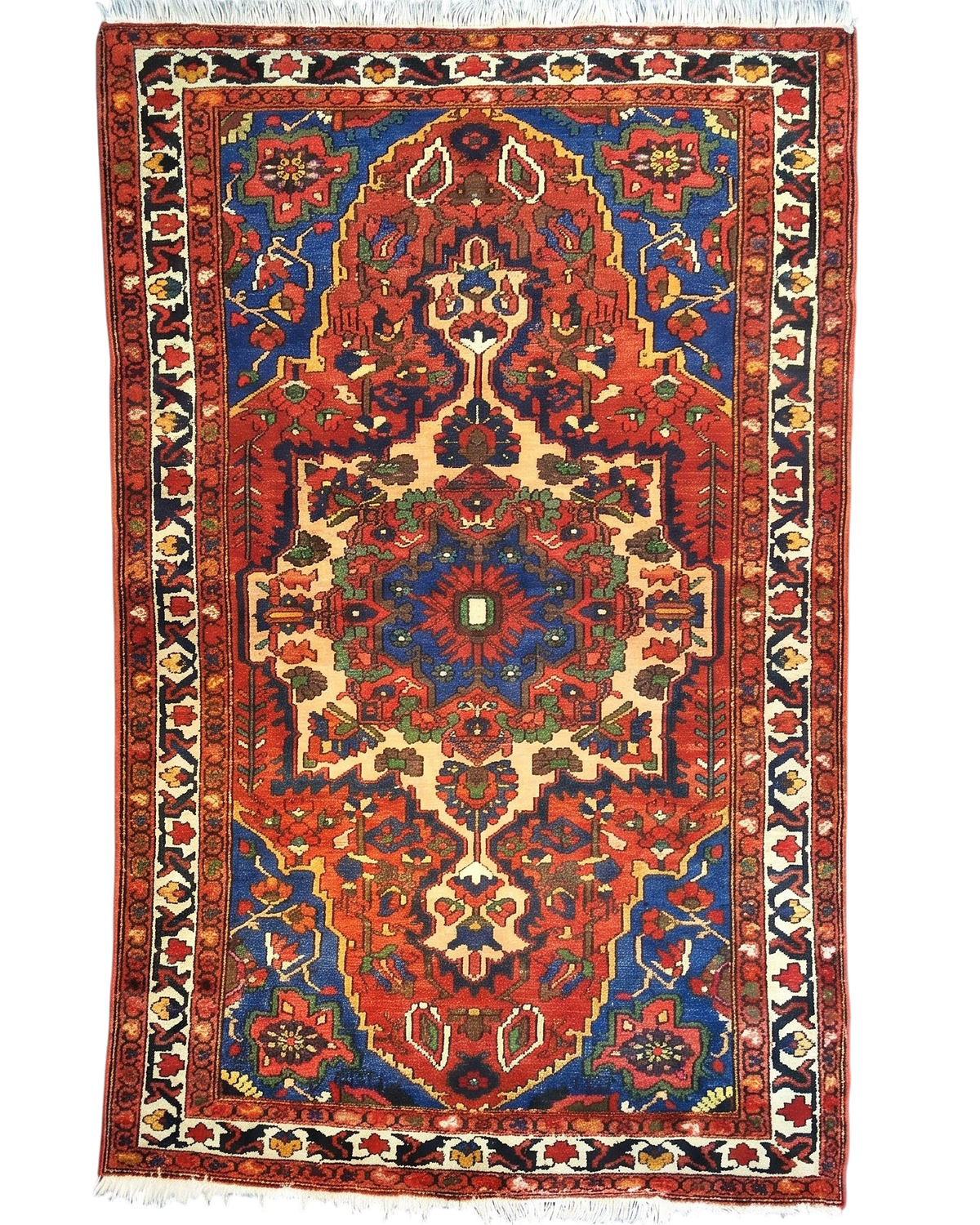 Tappeto Bakhtiari persiano usato 215x130 cm rosso con medaglione centrale e motivi geometrici floreali