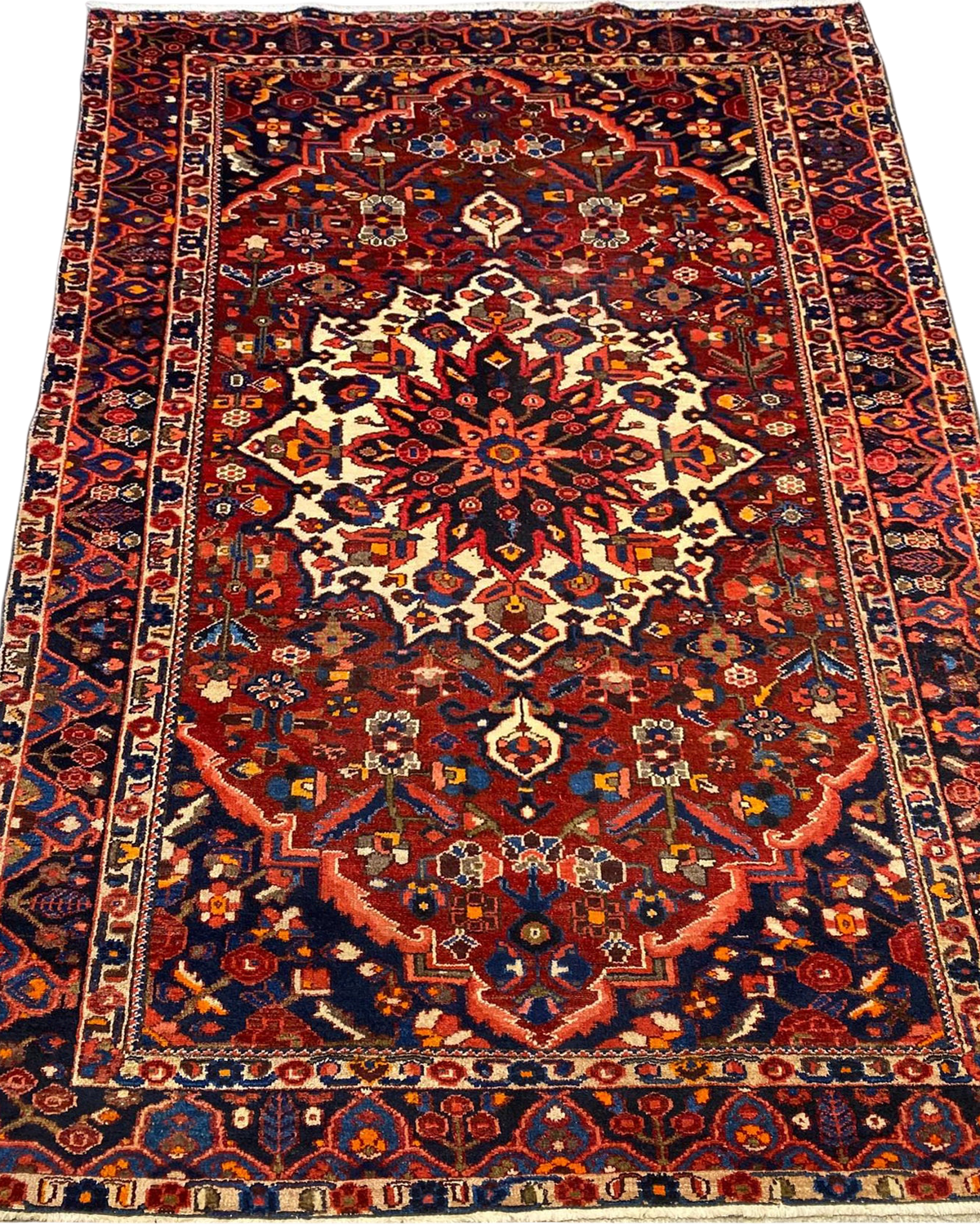 Tappeto Bakhtiari usato 255x155 cm persiano con medaglione centrale rosso blu e avorio