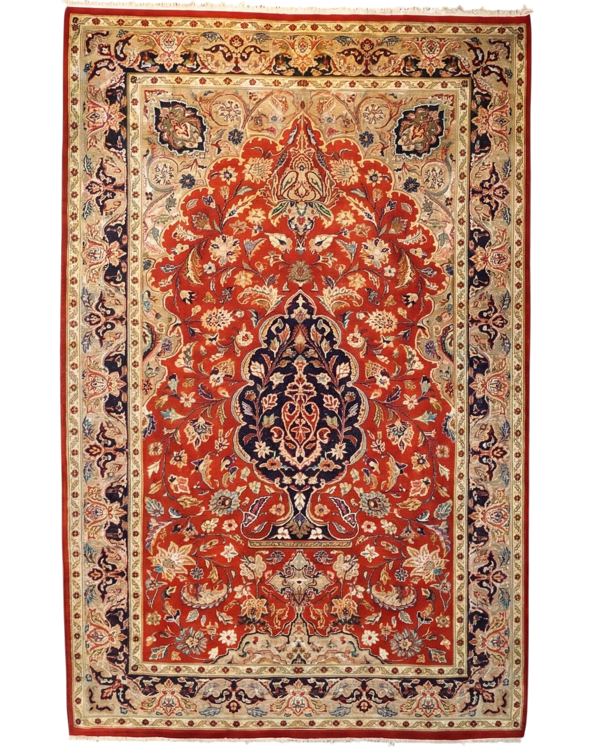 Tappeto Bakhtiari persiano usato 255x155 cm rosso con medaglione e ricchi motivi floreali