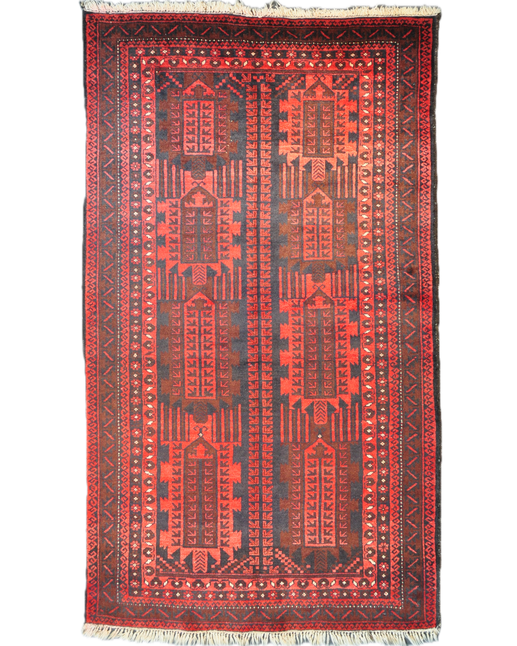 Tappeto Beluch persiano annodato a mano con motivi geometrici tribali nei toni del rosso e bordeaux, misura 200x125 cm