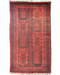 Tappeto Beluch persiano annodato a mano con motivi geometrici tribali nei toni del rosso e bordeaux, misura 200x125 cm
