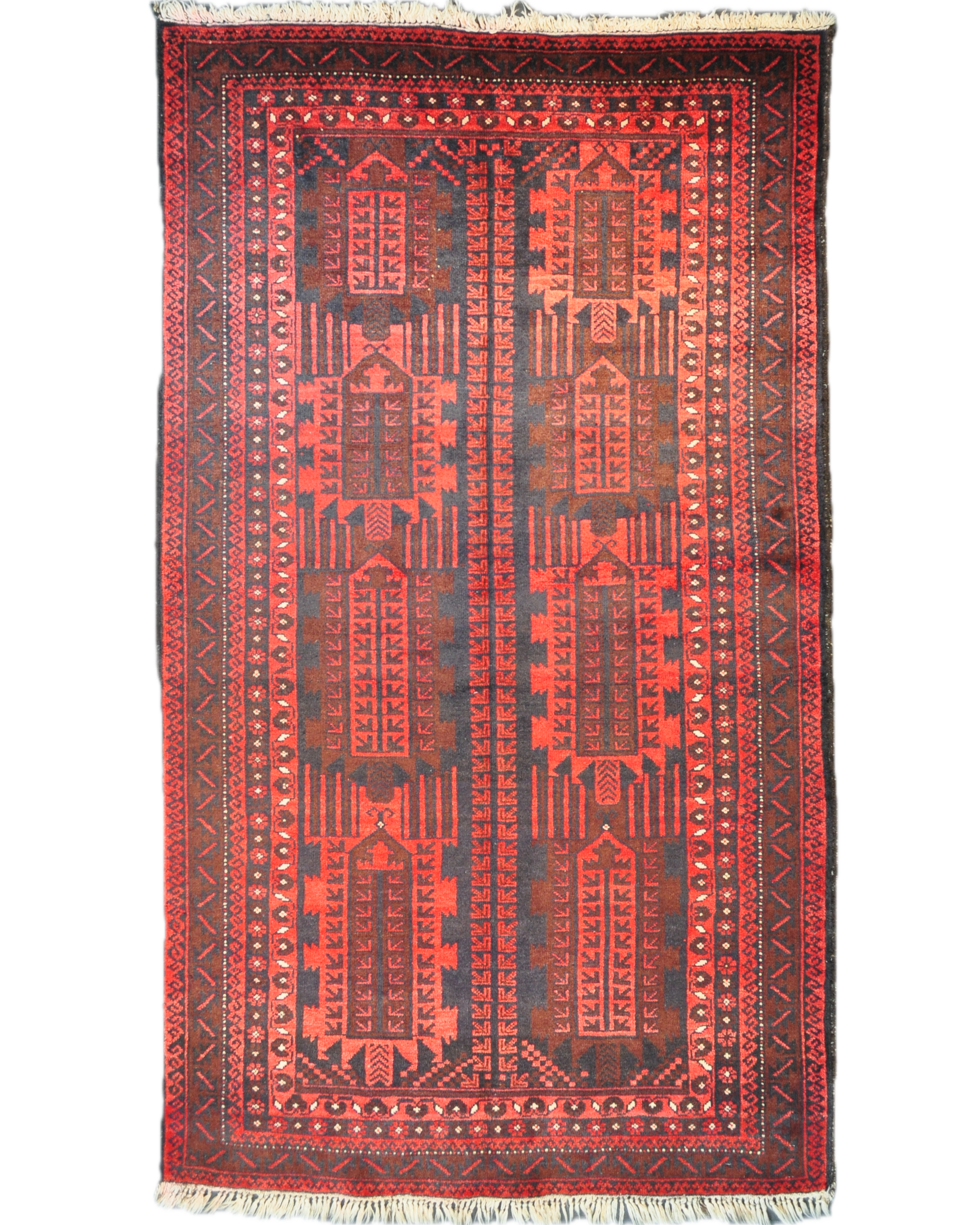 Tappeto Beluch persiano annodato a mano con motivi geometrici tribali nei toni del rosso e bordeaux, misura 200x125 cm