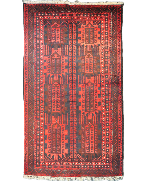Tappeto Beluch persiano annodato a mano con motivi geometrici tribali nei toni del rosso e bordeaux, misura 200x125 cm