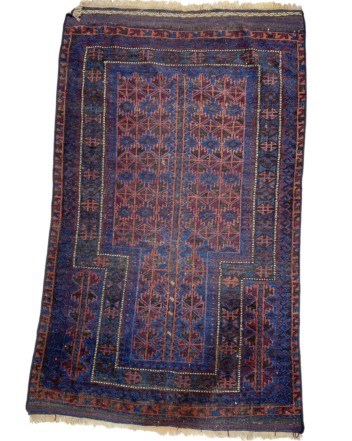 Tappeto Beluch persiano usato 133x78 cm blu con motivi geometrici tribali