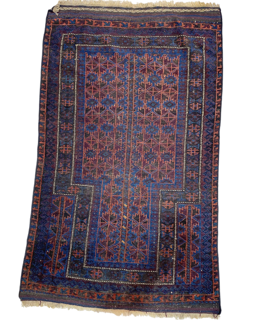 Tappeto Beluch persiano usato 133x78 cm blu con motivi geometrici tribali