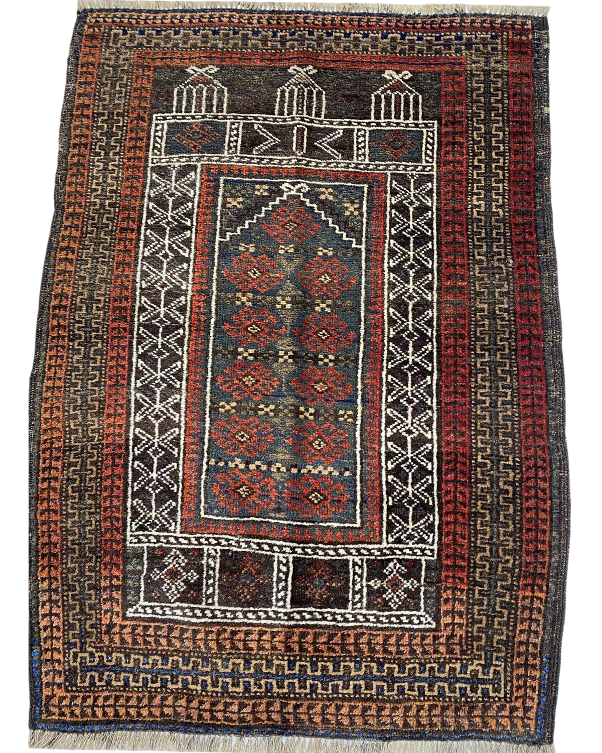 Tappeto Beluch usato 122x90 cm annodato a mano con motivi geometrici nei toni del marrone, rosso e blu