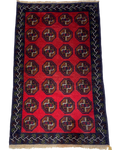 Beluch persiano usato 132x83 cm rosso con motivi geometrici tribali