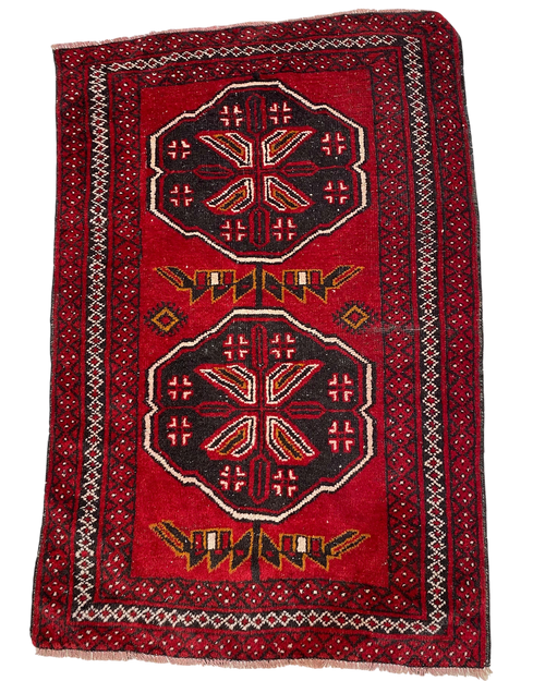 Beluch persiano usato 143x94 cm rosso con medaglioni geometrici