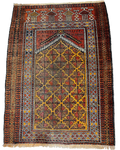 Tappeto Beluch usato 147x108 cm annodato a mano con motivi geometrici nei toni ruggine e ocra