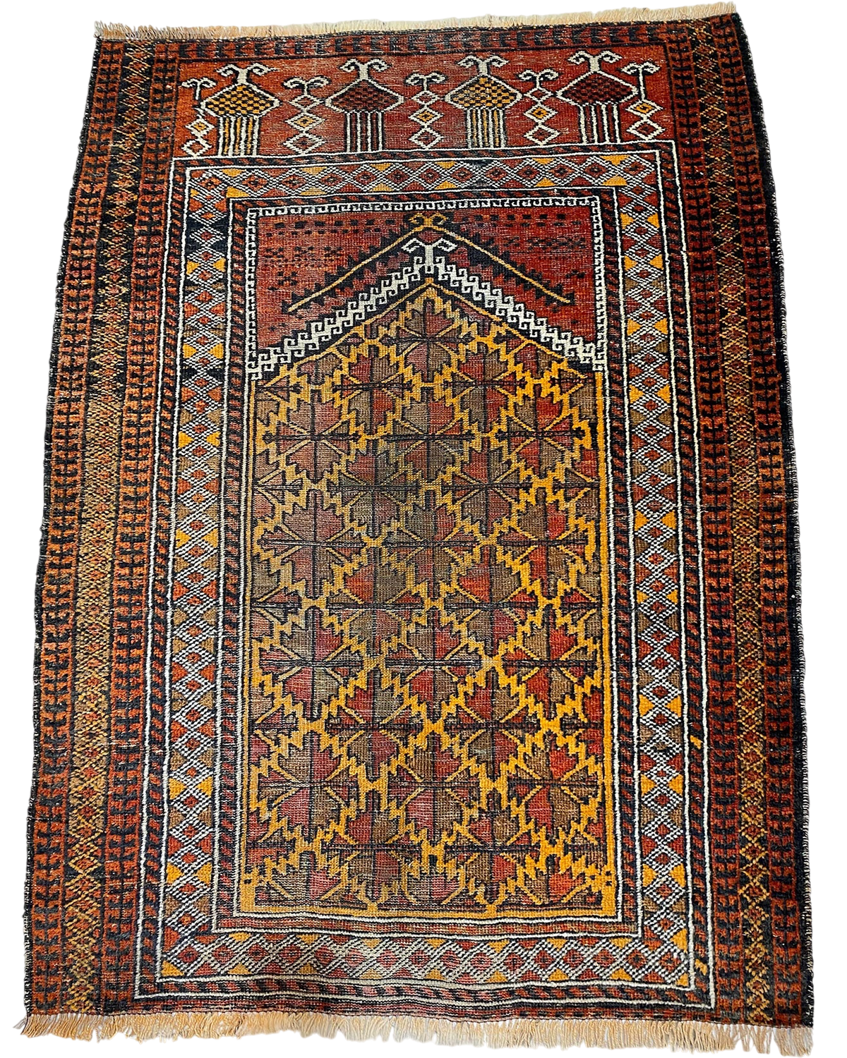 Tappeto Beluch usato 147x108 cm annodato a mano con motivi geometrici nei toni ruggine e ocra