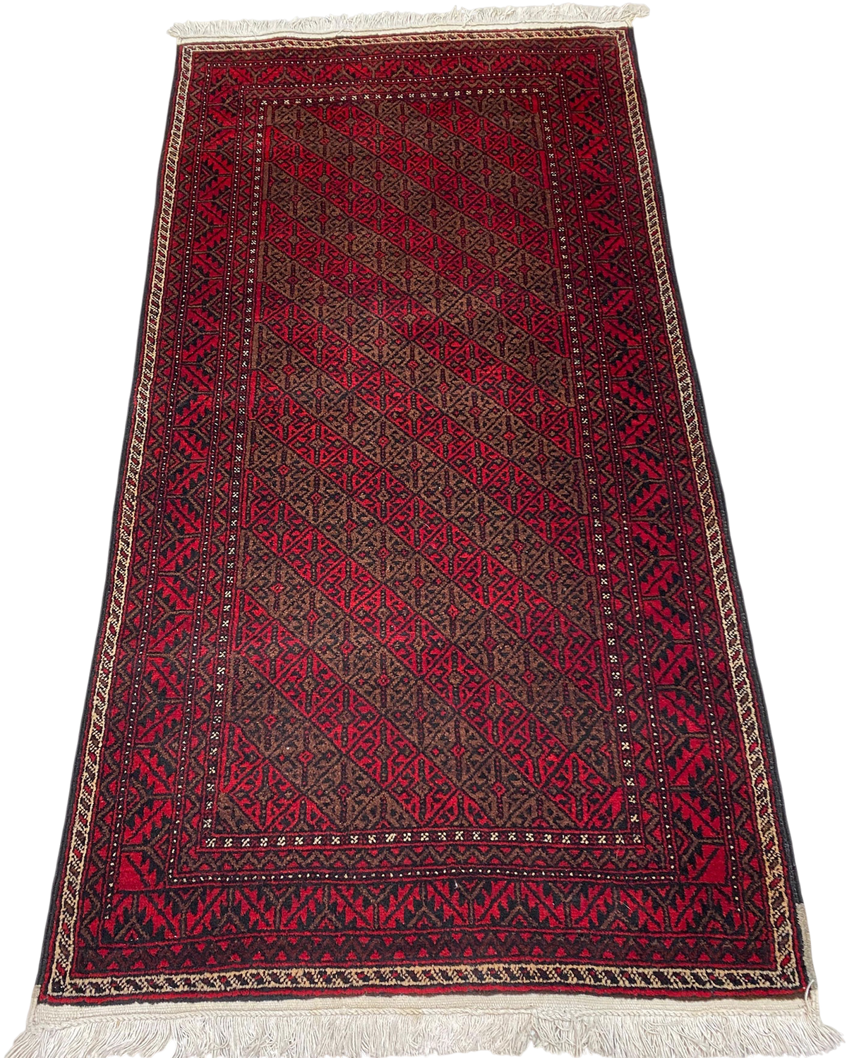 Tappeto Beluch usato 188x97 cm annodato a mano con motivi geometrici rossi e marroni