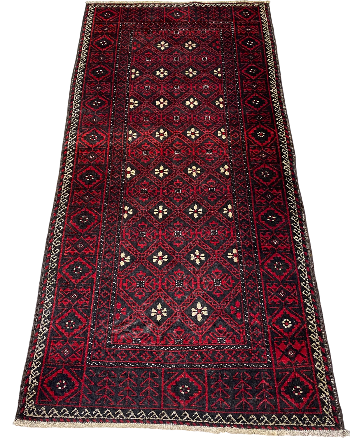 Tappeto Beluch usato 214x106 cm rosso scuro con motivi geometrici tradizionali