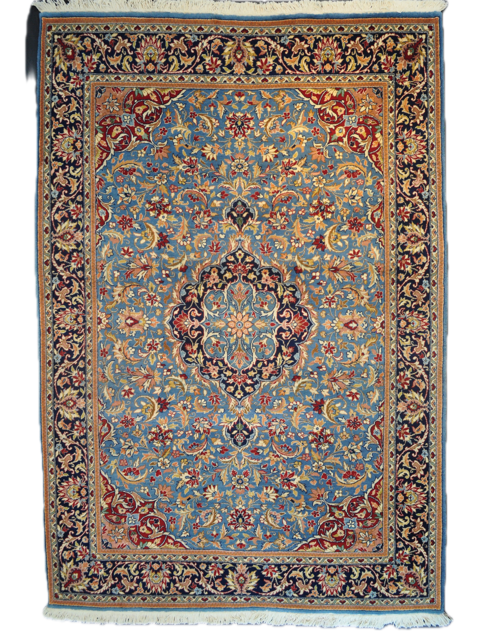 Tappeto Berkana annodato a mano con fondo azzurro e ricchi motivi floreali persiani, misura 230x160 cm