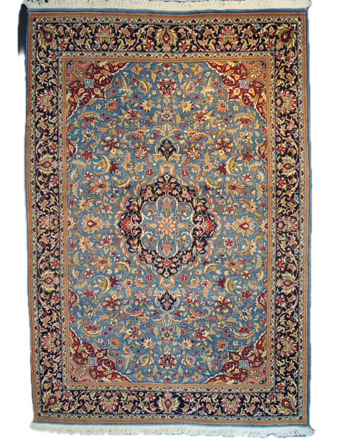 Tappeto Berkana annodato a mano con fondo azzurro e ricchi motivi floreali persiani, misura 230x160 cm
