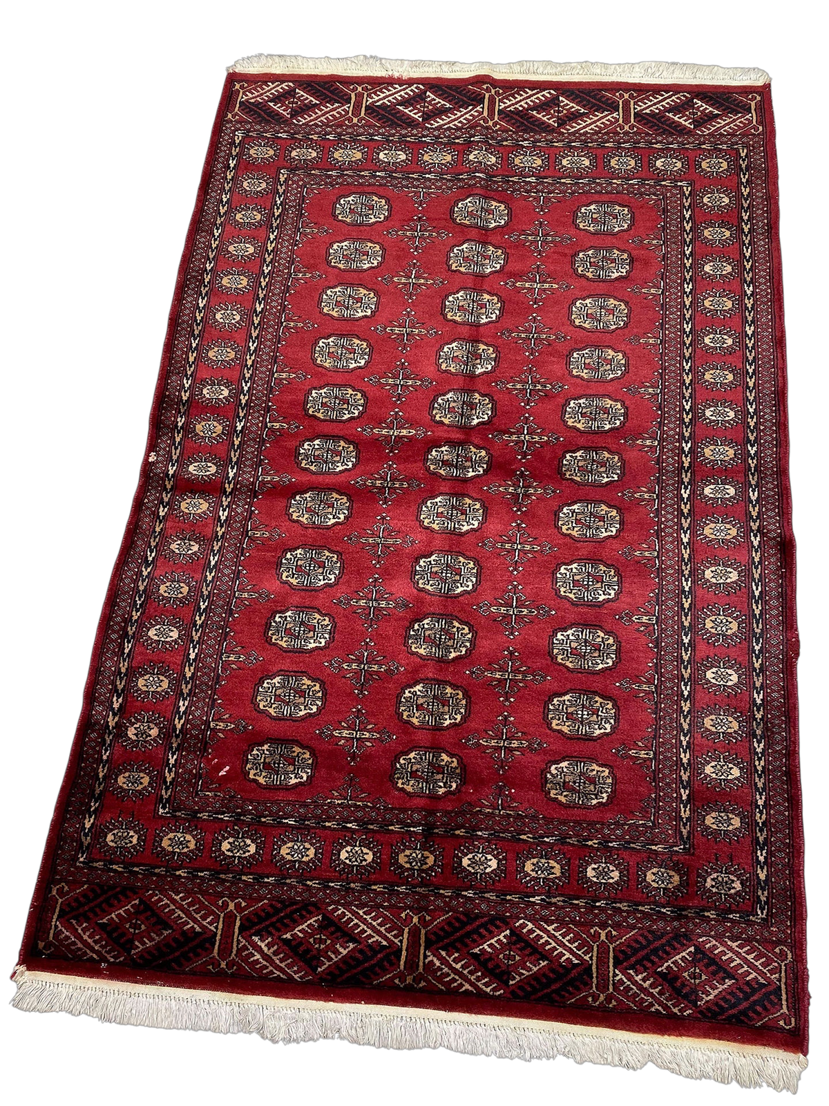 Tappeto Bukhara pakistano usato rosso 200x130 cm con disegno geometrico a gul