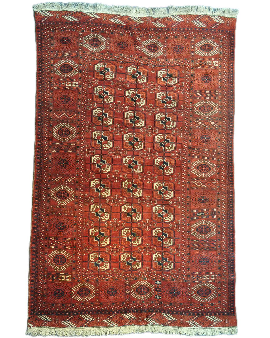 Tappeto Bukhara Russo annodato a mano con motivi Gul geometrici su fondo rosso, misura 210x130 cm