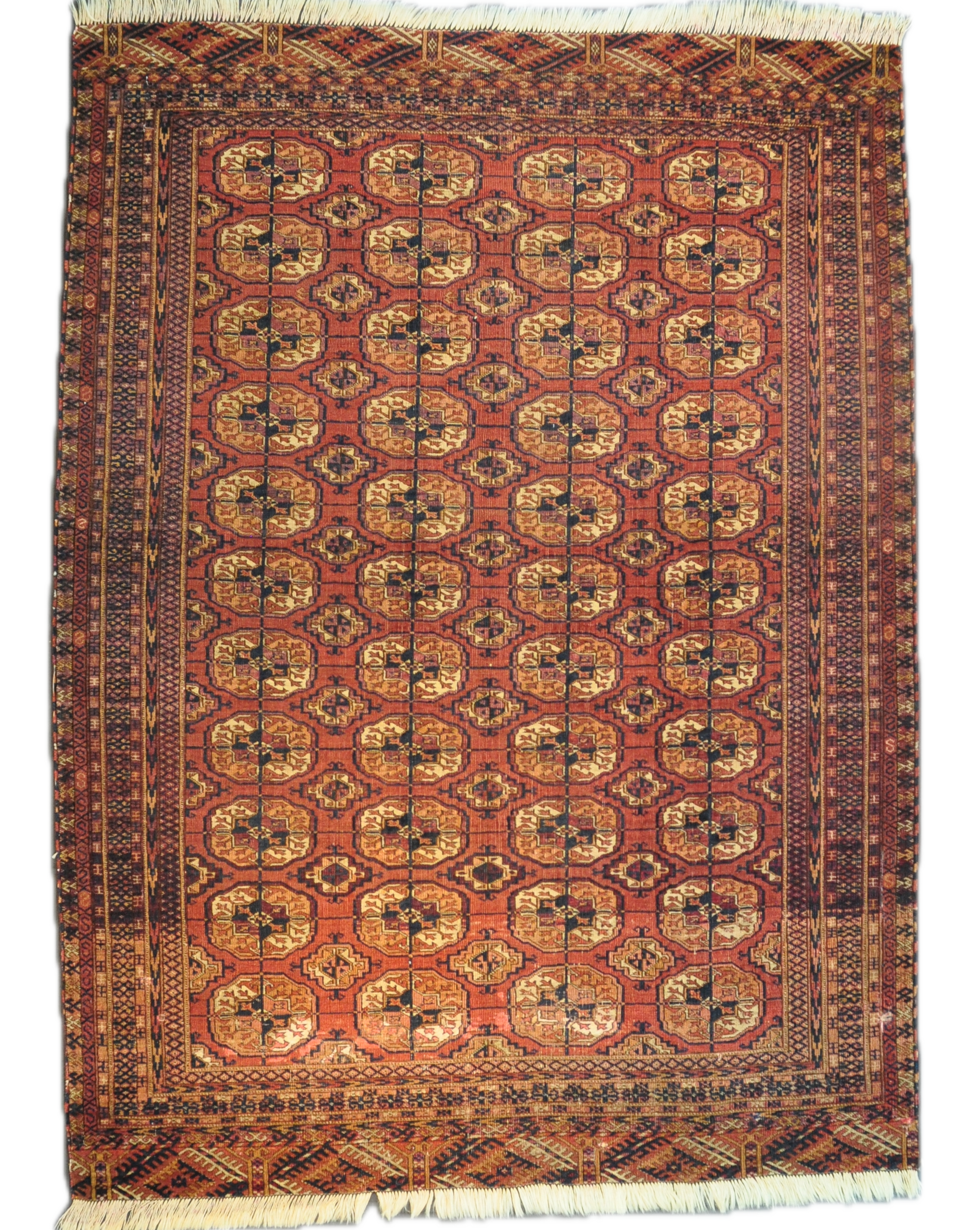 Tappeto Bukhara Russo Antico annodato a mano con tradizionali motivi gul su fondo rosso, misura 170x130 cm