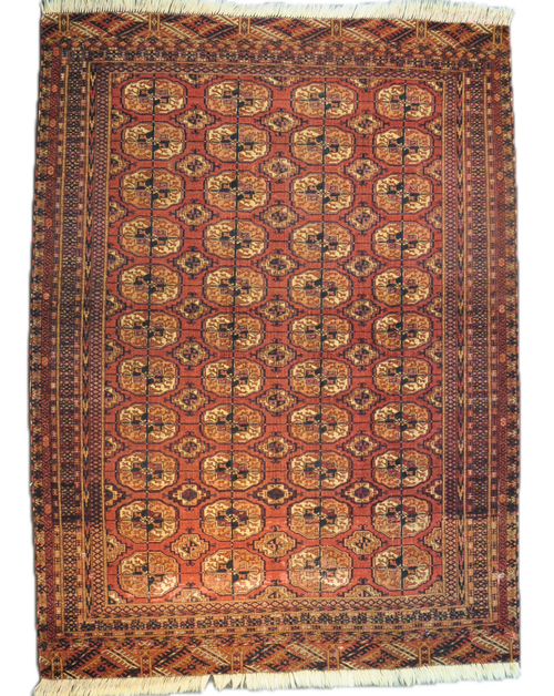 Tappeto Bukhara Russo Antico annodato a mano con tradizionali motivi gul su fondo rosso, misura 170x130 cm
