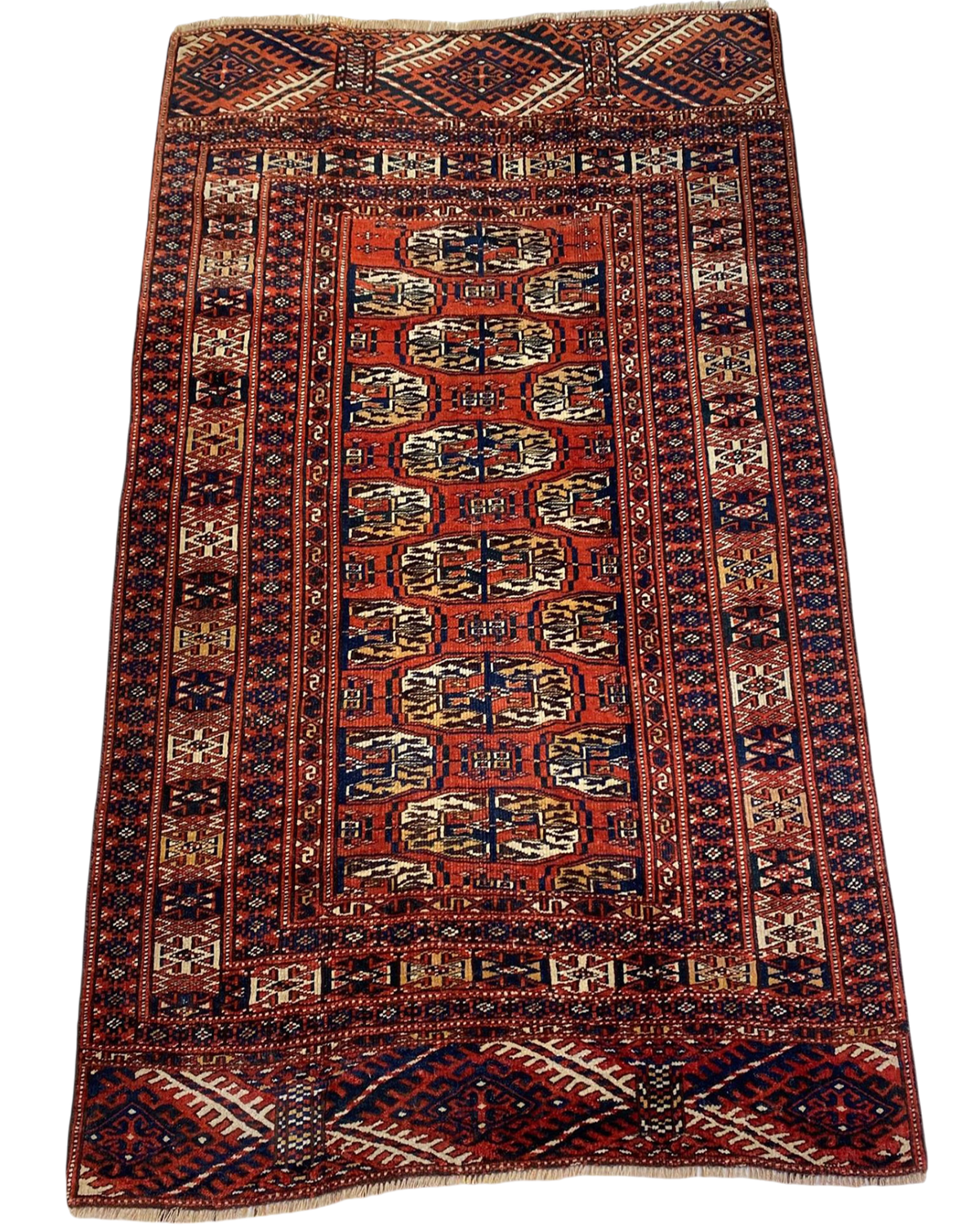 Tappeto Bukhara russo usato 155x115 cm con motivi geometrici nei toni del rosso e blu