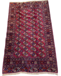 Tappeto Bukhara russo usato 190x127 cm con gul geometrici su fondo rosso e bordeaux