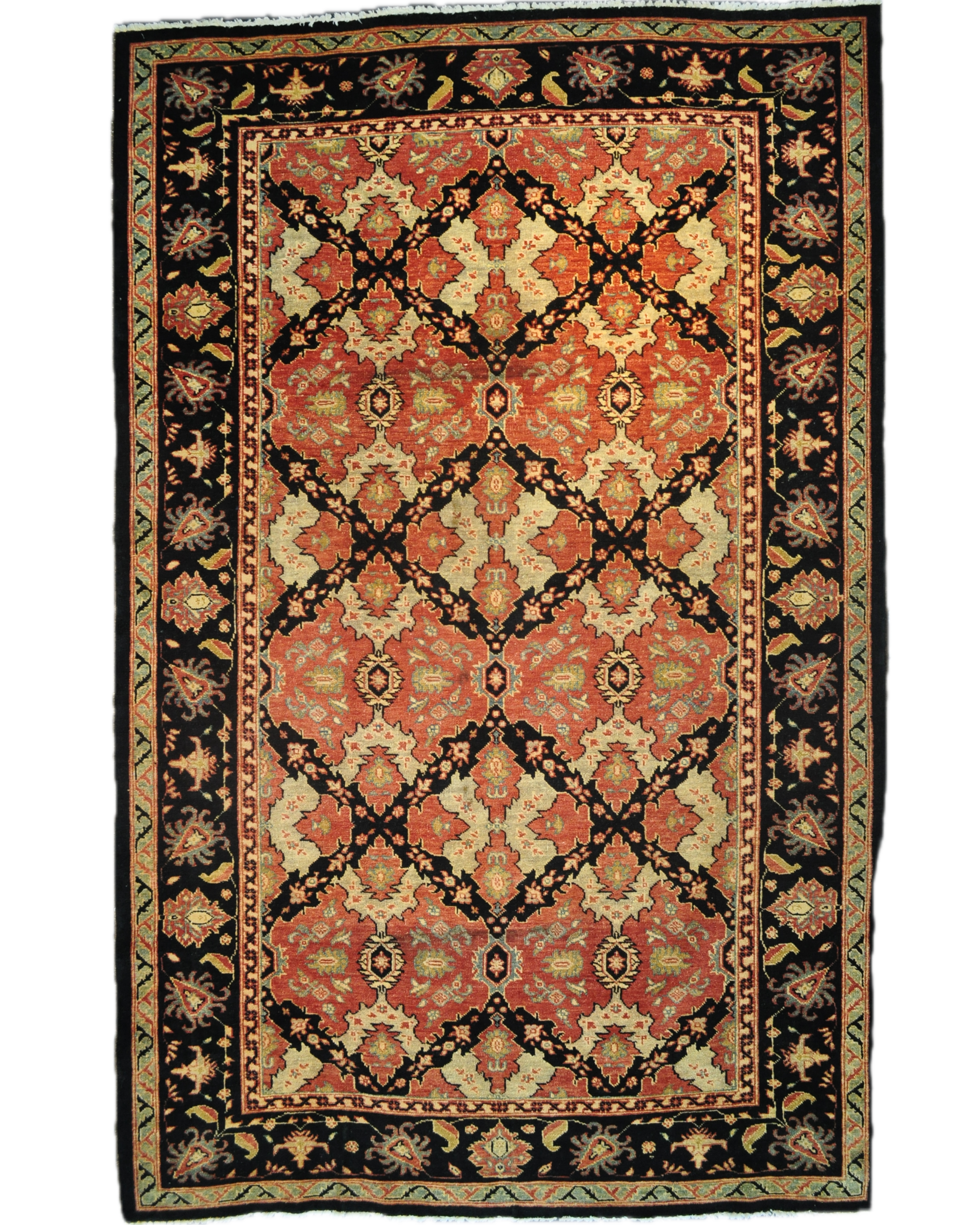 Tappeto persiano Choobi annodato a mano con motivi geometrici e floreali nei toni terracotta e avorio, misura 260x165 cm