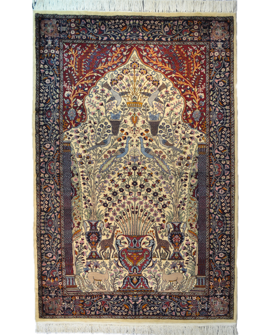 Tappeto doppio nodo Pakistan annodato a mano con motivo Albero della Vita e decorazioni floreali, misura 220x141 cm