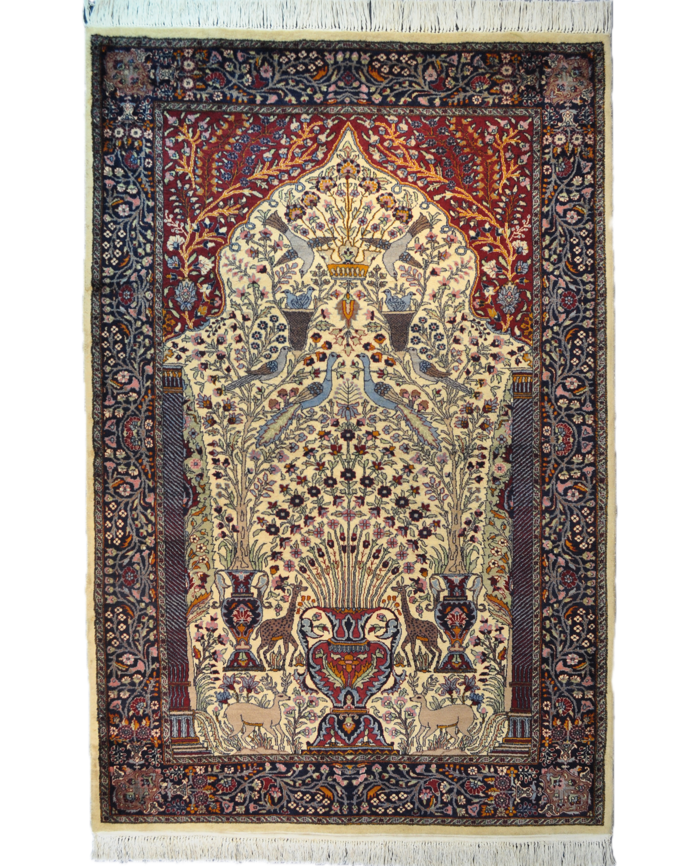 Tappeto doppio nodo Pakistan annodato a mano con motivo Albero della Vita e decorazioni floreali, misura 220x141 cm