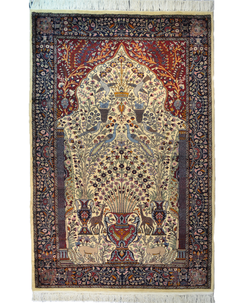 Tappeto doppio nodo Pakistan annodato a mano con motivo Albero della Vita e decorazioni floreali, misura 220x141 cm