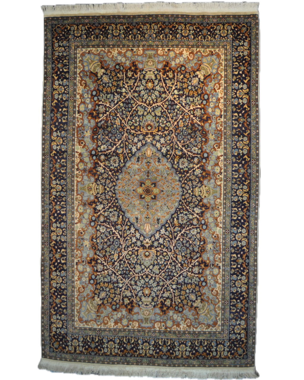 Tappeto doppio nodo Pakistan annodato a mano con medaglione centrale azzurro e decorazioni floreali su fondo blu notte, misura 256x151 cm