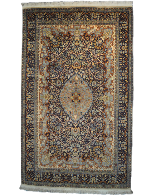 Tappeto doppio nodo Pakistan annodato a mano con medaglione centrale azzurro e decorazioni floreali su fondo blu notte, misura 256x151 cm