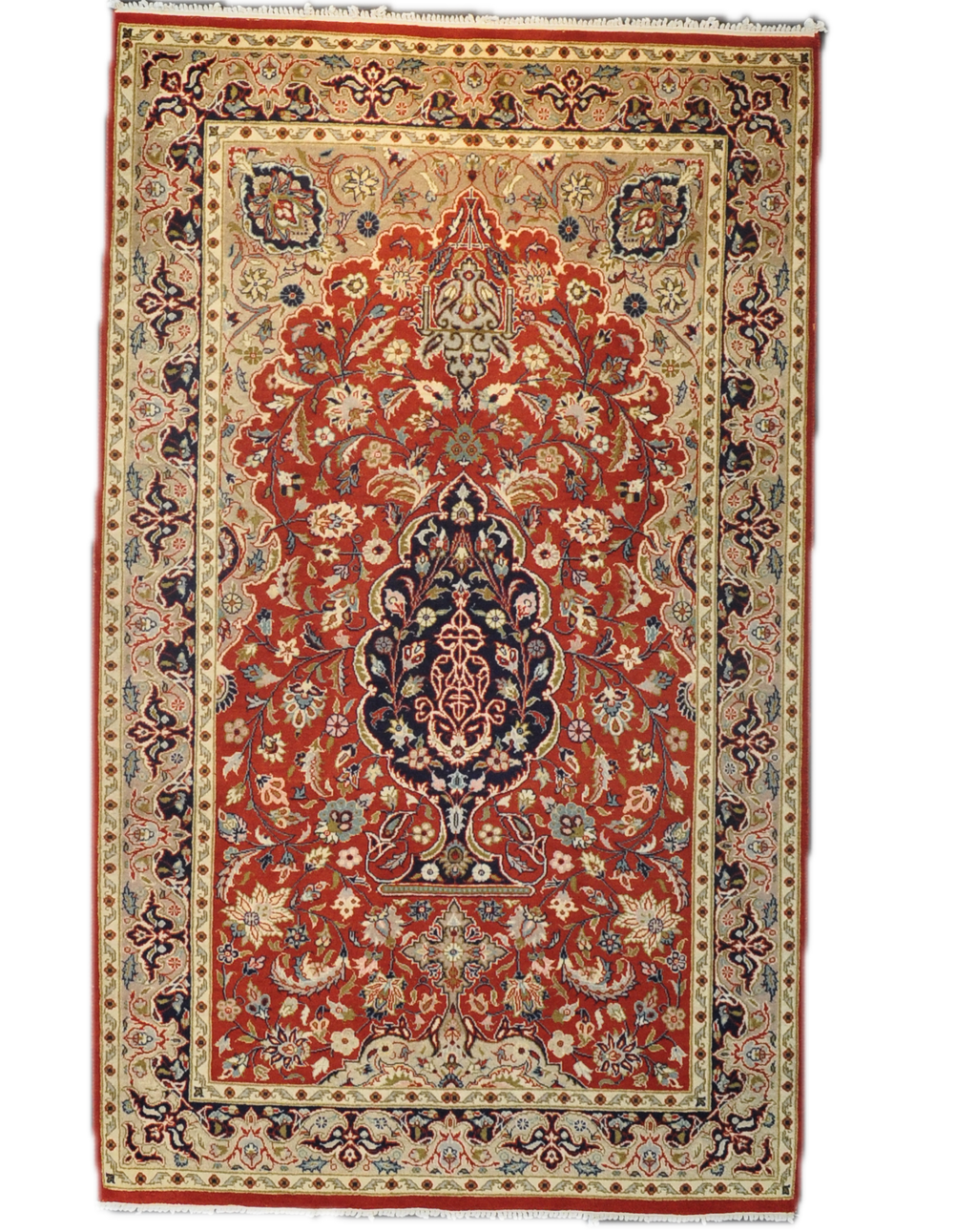 Tappeto persiano a doppio nodo annodato a mano con medaglione centrale floreale su fondo rosso, misura 155x95 cm