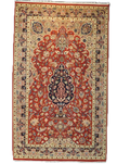Tappeto persiano a doppio nodo annodato a mano con medaglione centrale floreale su fondo rosso, misura 155x95 cm