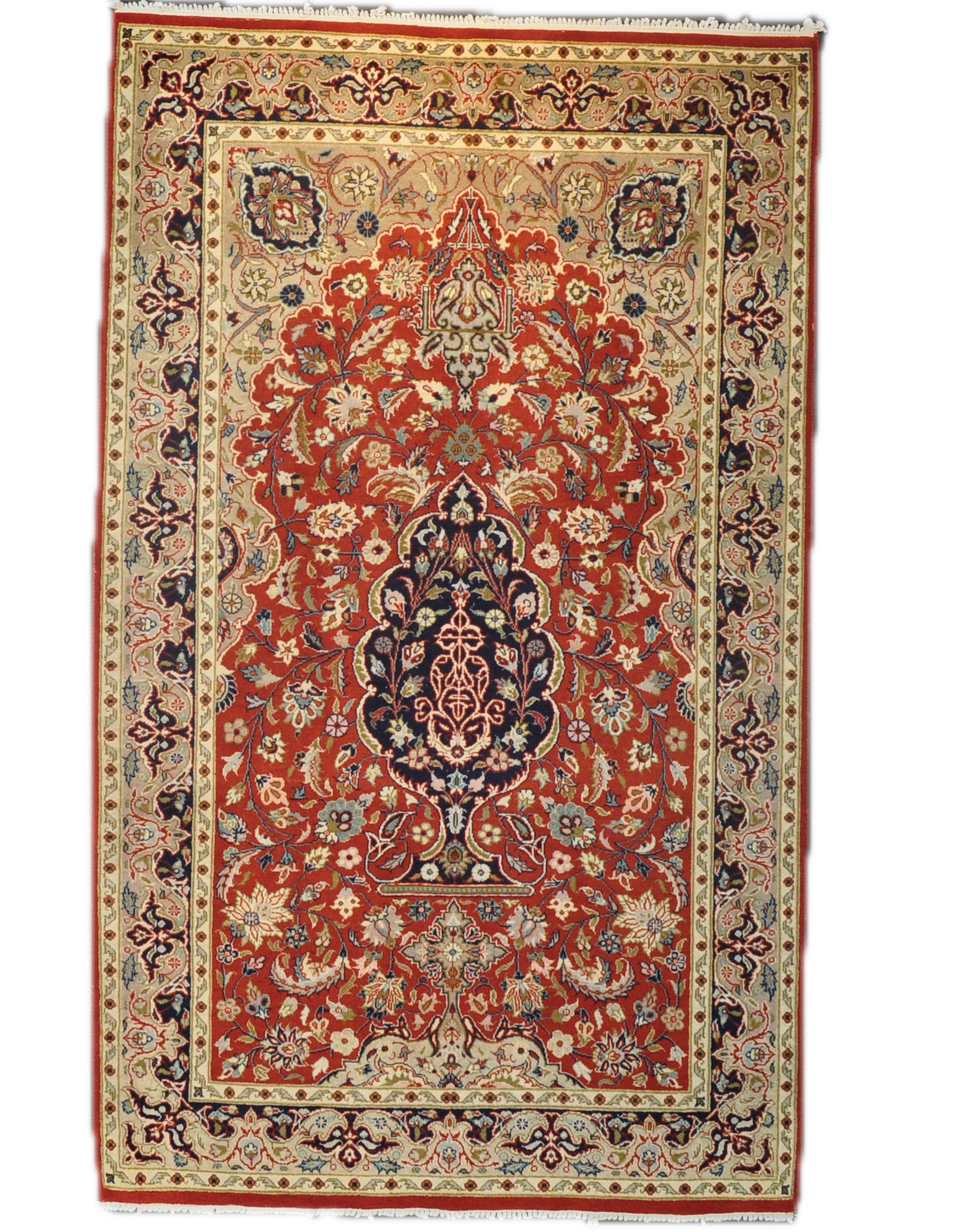Tappeto persiano a doppio nodo annodato a mano con medaglione centrale floreale su fondo rosso, misura 155x95 cm