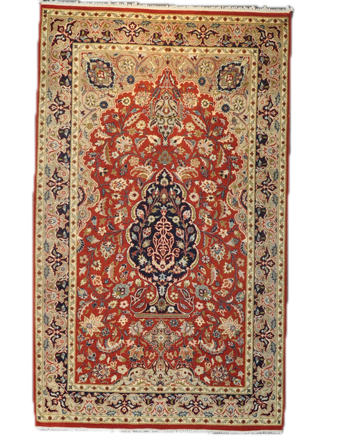 Tappeto persiano a doppio nodo annodato a mano con medaglione centrale floreale su fondo rosso, misura 155x95 cm